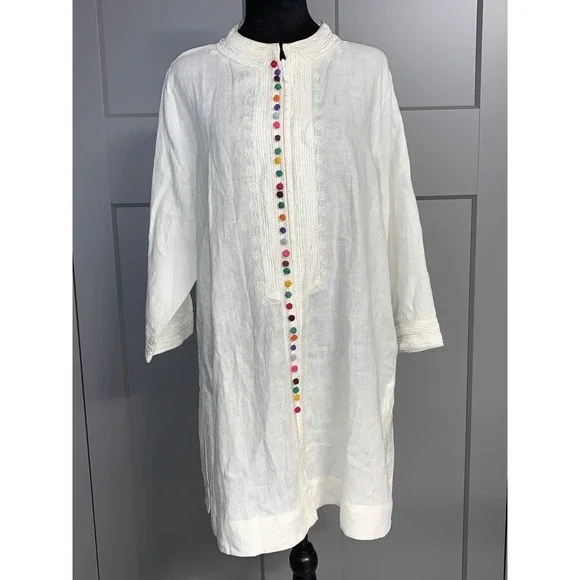 Soft Surroundings Linen Desert Tunic Top Embroidered Colorful Buttons India Sz L - Picture 2 of 8
